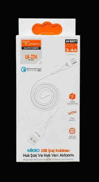 LUCATECH LK-224 USB SARŞ KABLOSU İNCE  MİCRO 20W/3,4A